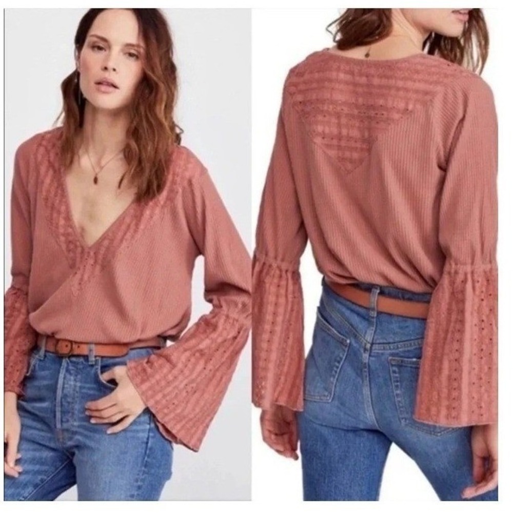 Free People Waffle Knit Bell Sleeve Eyelet Relaxed Top V Neck Pink Rose XS